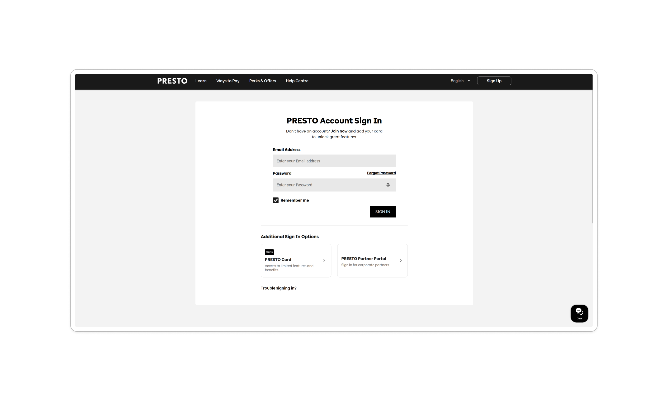 Presto flow — screen 1